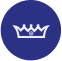 A white crown icon is centered on a dark blue circular background.